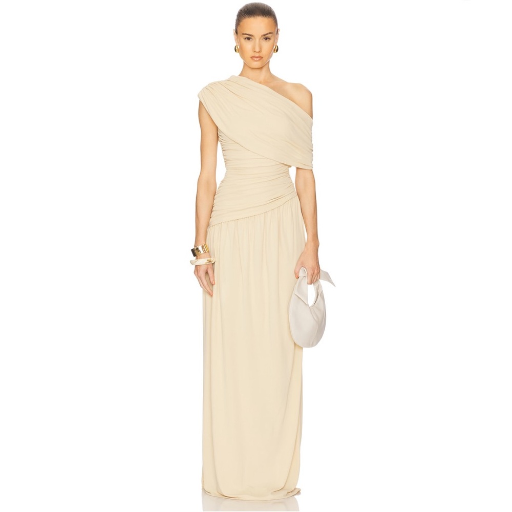 Helsa The Apolla Jersey Dress in Dune Elegant Cream One-Shoulder Dress